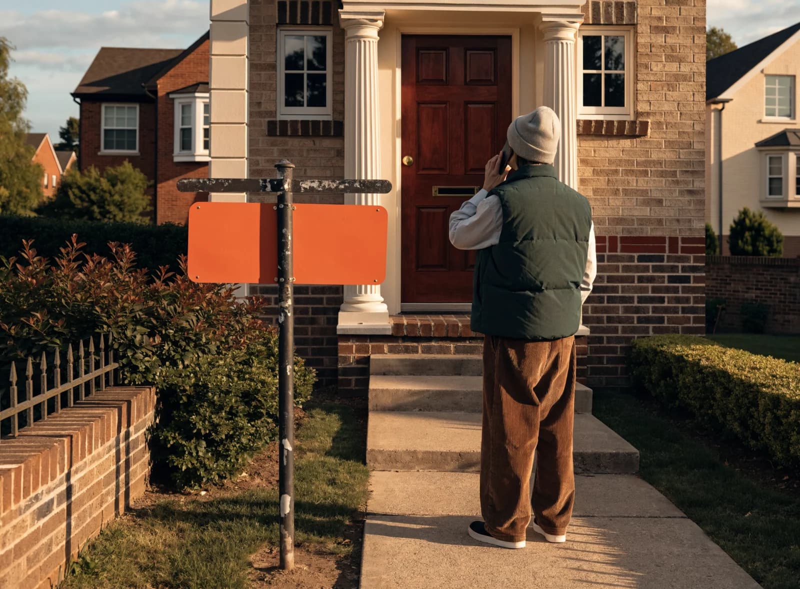 A real-estate agent on the front path of a suburban house at golden hour, holding a phone