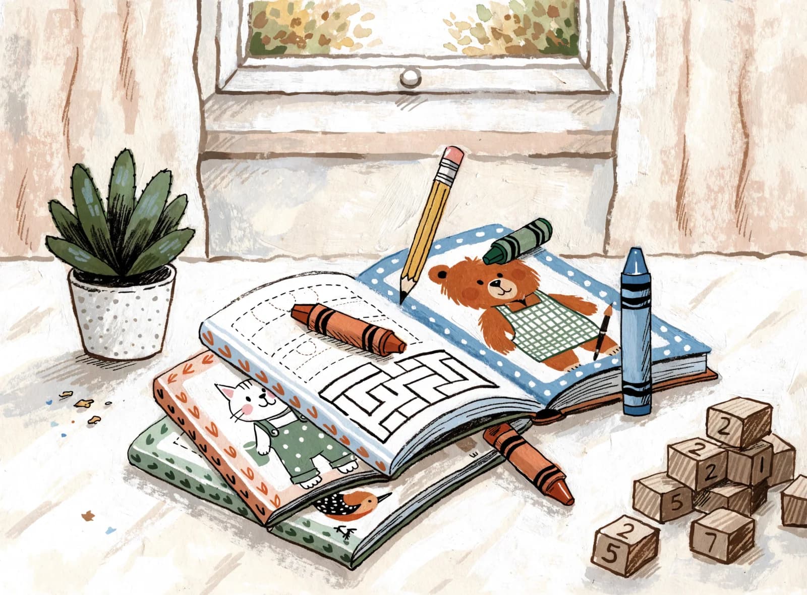 Illustrated early-years workbooks for a school on a classroom table