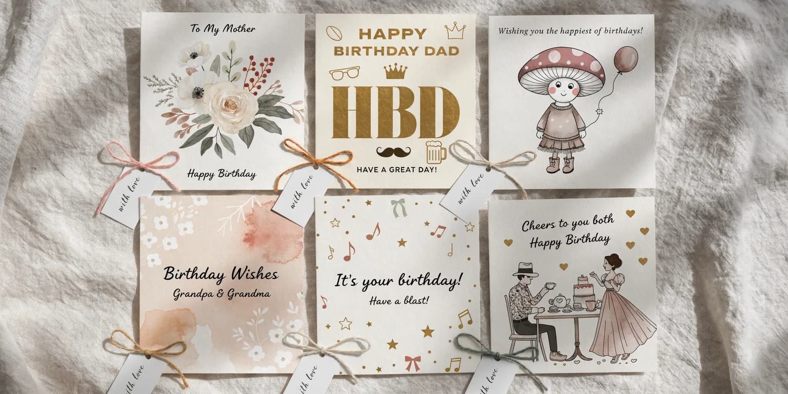 Personalized birthday card with botanical watercolor illustration and lettered name on cream card stock