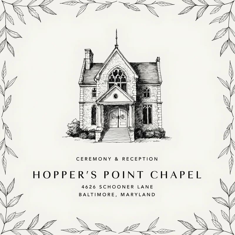 Wedding details insert with venue illustration on ivory