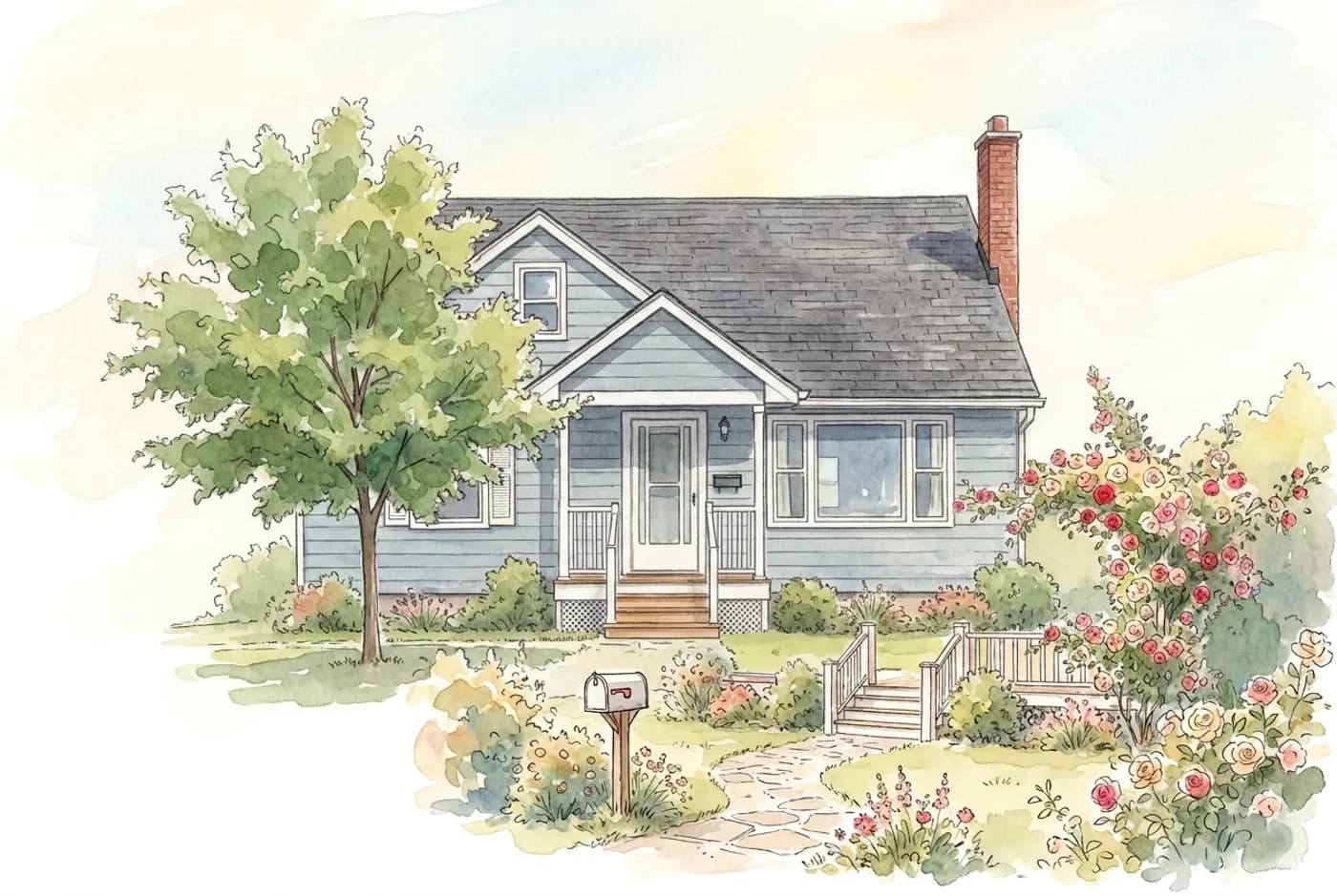 The same property redrawn as an original illustration for a real estate postcard