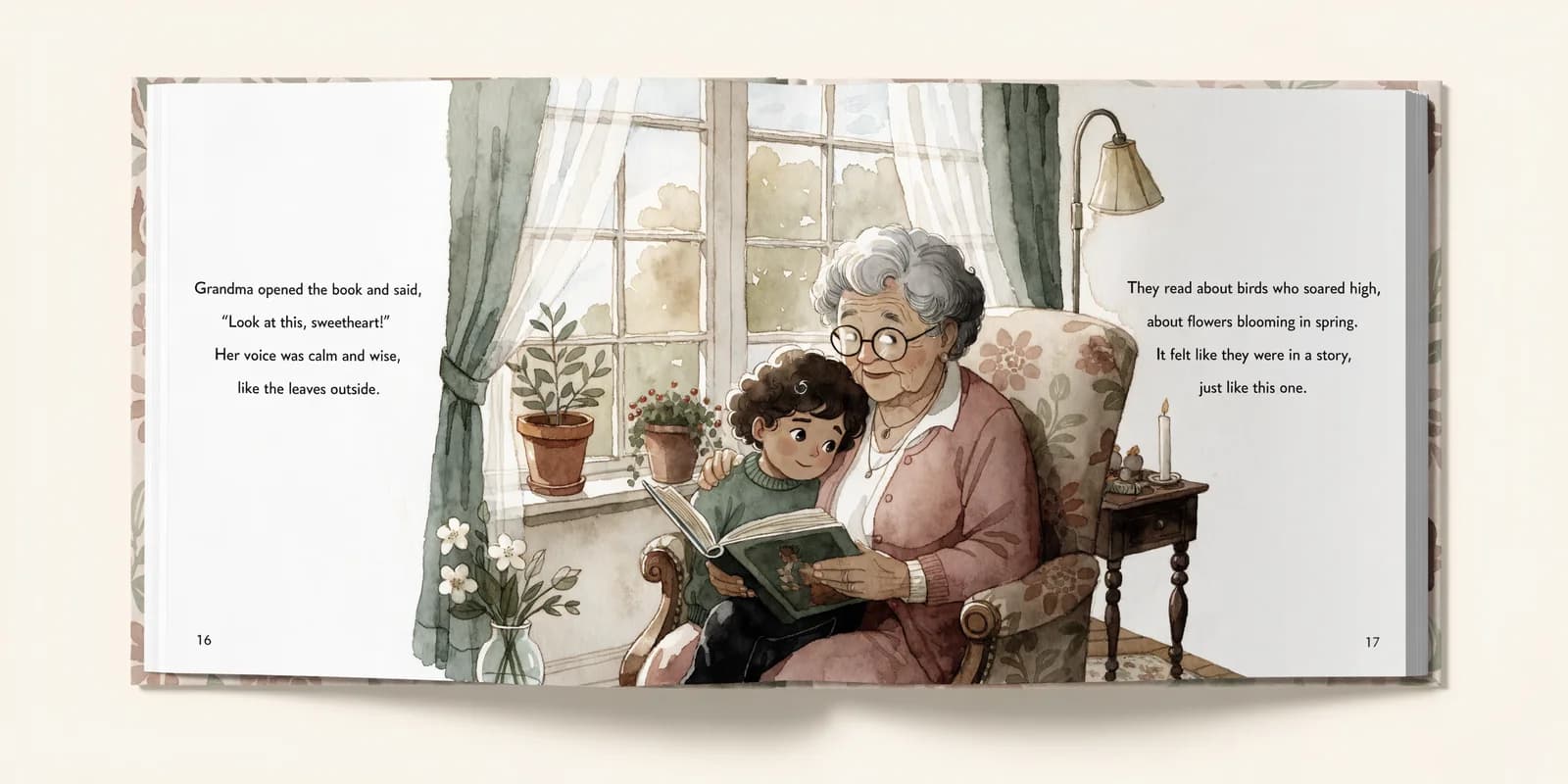 A personalized grandma keepsake book open on a linen cloth showing a watercolor illustration of a grandmother's garden