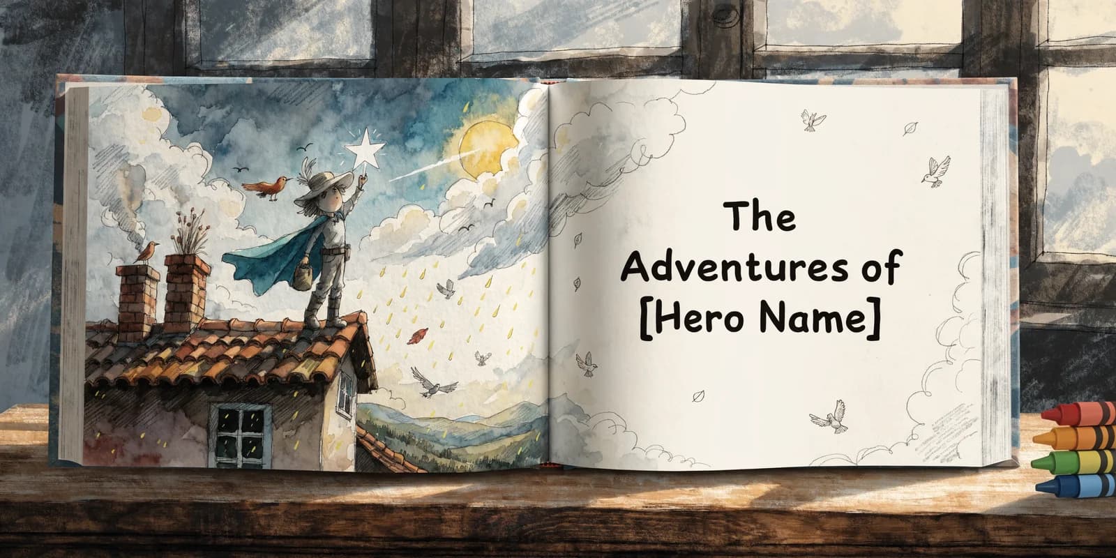 A personalized superhero picture book open on a wooden desk, showing a child hero in a teal cape