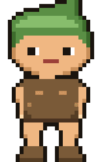 Pixel art character sprite of a young ranger in a green hood and brown tunic
