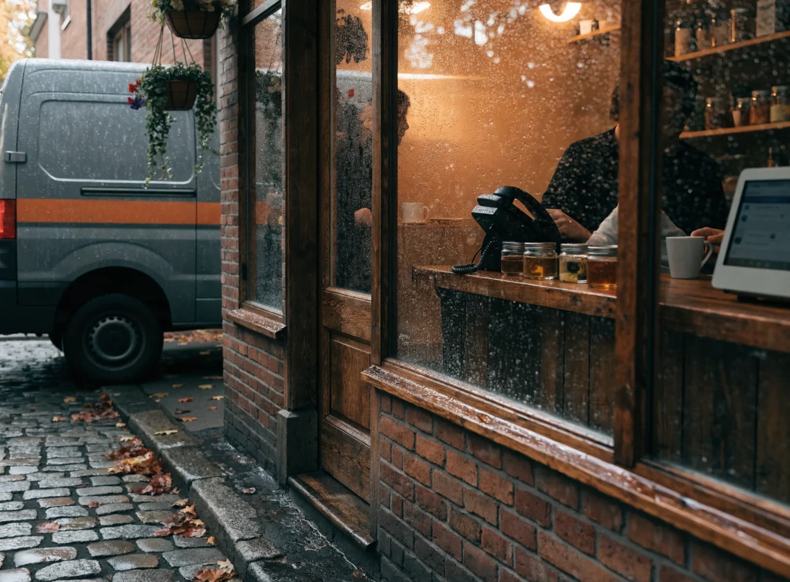A small shop front in morning light with a tradesperson's van outside