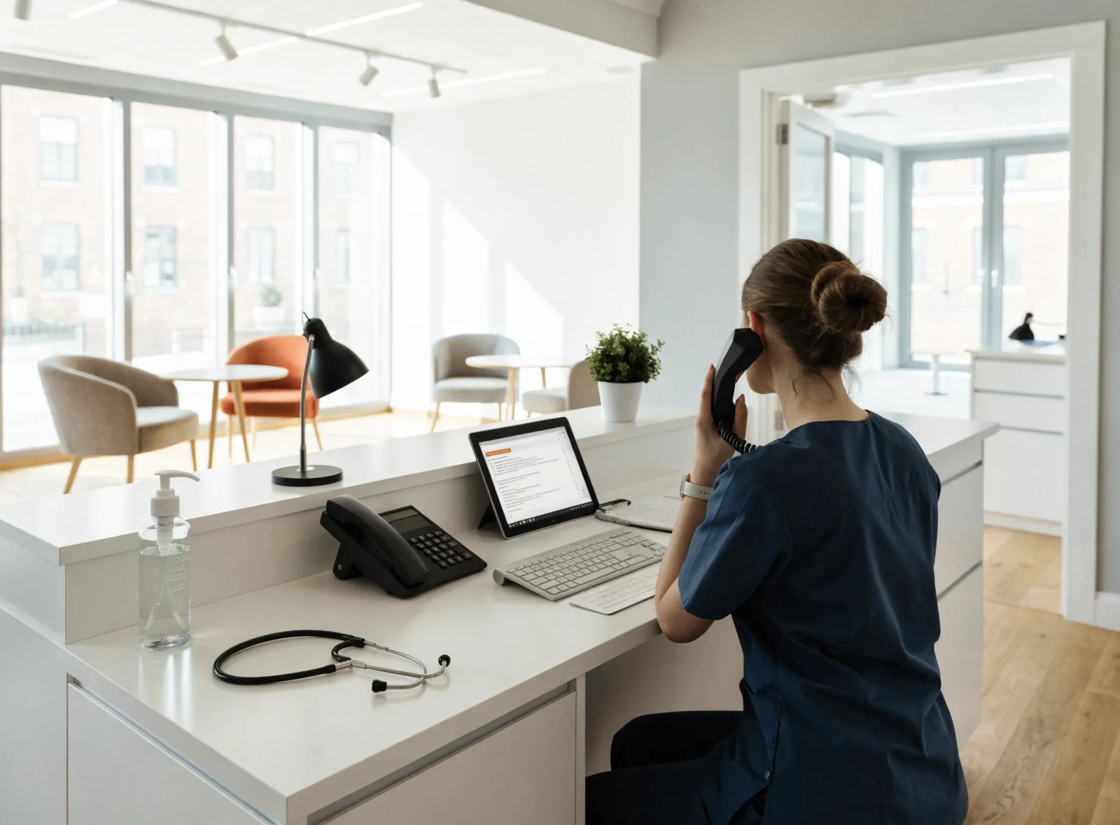 A clinic receptionist answering the phone at the front desk, a tablet showing a search ad beside her