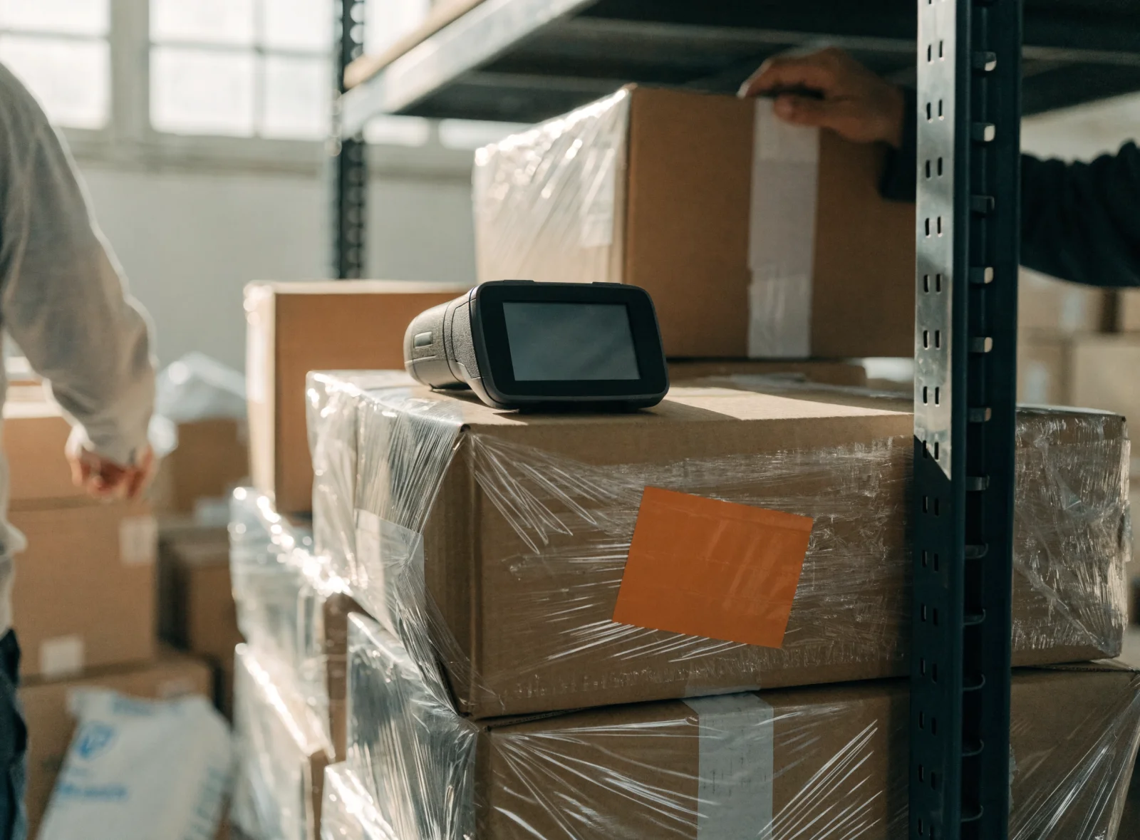 Shipped parcels on a warehouse shelf with a scanner