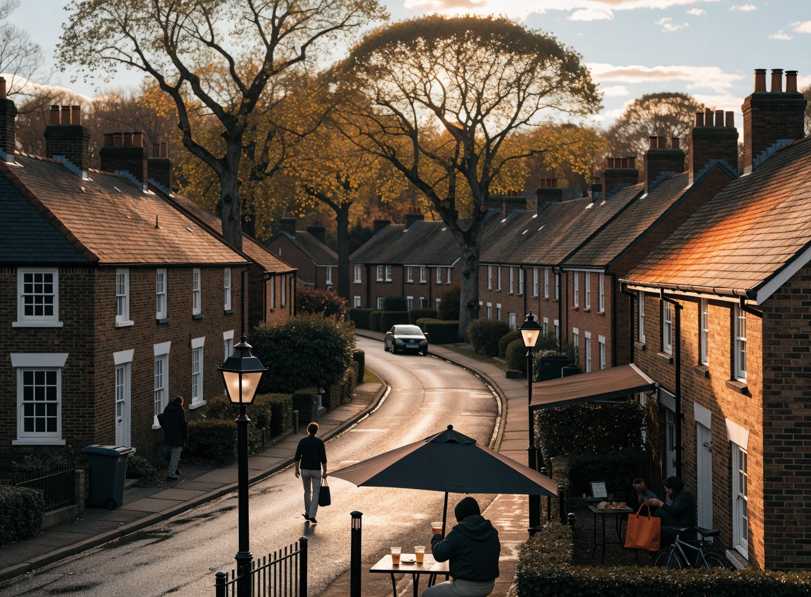 Elevated view of a suburban neighbourhood at late afternoon