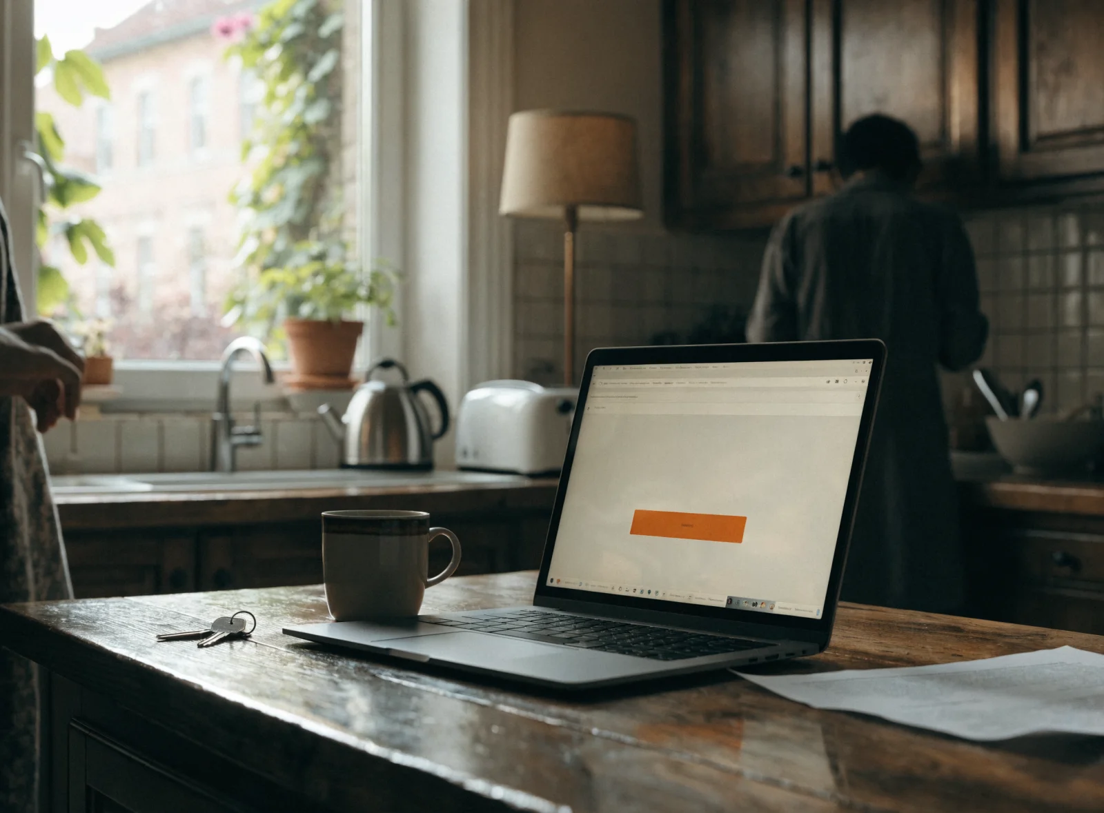 A laptop on a kitchen counter showing a home-valuation page beside house keys